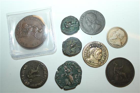 A 1799 penny UNC, various copper coins and Roman bronze coins